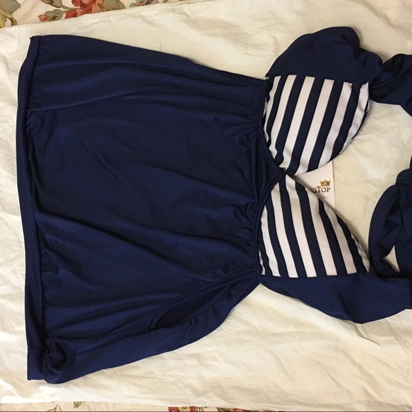 MokingTop Nautical Navy blue stripes Halter Top L - Picture 11 of 13